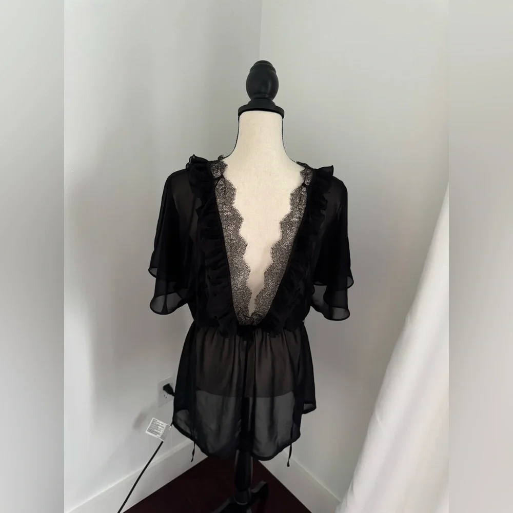 New Victoria’s Secret Black Lace Trim Sexy Cover Up Dress Lingerie Robe medium